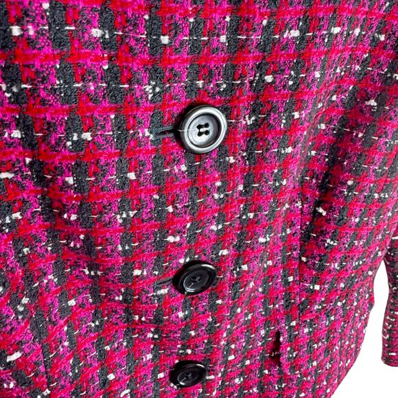 Ann Taylor Pink Black Checkered Collared Button Up Tweed Cropped Jacket Size 12 - Picture 3 of 5